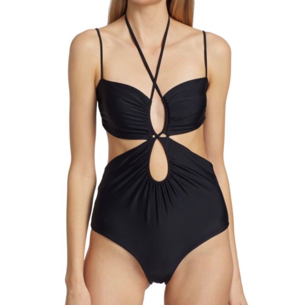 NWT Johanna Ortiz Reef Discovery Cutout Open Back Halter Black Swimsuit Size XS
